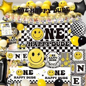 199pcs One Happy Dude Birthday Decorations, All-in-1 One Happy Dude Supplies Pack with 20pcs Plates, Napkins, 2pcs Tablecloth, Balloon Arch for First Birthday Decorations for Boy, 20 Guests