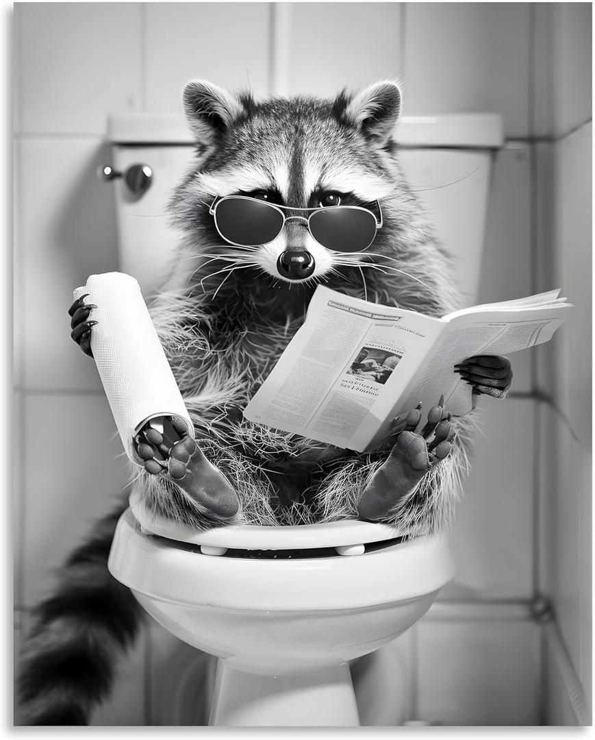 Raccoon Bathroom Canvas Wall Art Raccoon on Toilet Painting Funny Animal Bathroom Poster Black and White Animal Toilet Picture for Bath Restroom Framed 24x30 inch (30L" x 24W")