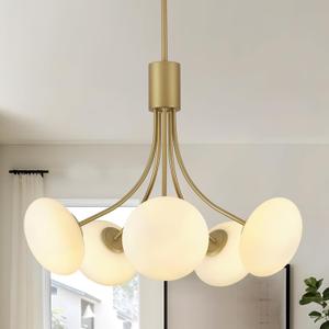 Mid Century Modern Chandelier, G9 Gold Vintage Chandelier Modern 5-Light, Globe Modern Sputnik Light Fixture with Withe Frosted Glass for Living Room Kitchen Island Bedroom