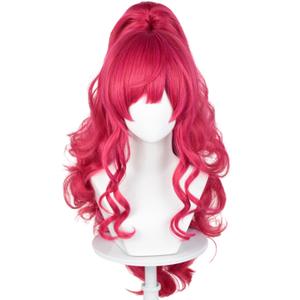 Half and Half Red Pink Pony Cosplay Wig with Bangs 27.5'' Long Curly Cute Pony Costume Wigs Rose Red Ponytail Wig for Women Halloween Party Daily
