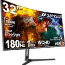 SANSUI 32-Inch Curved Gaming Monitor WQHD 2560 x 1440 180Hz Curved 1500R -1ms(OD), HDR, 300nits, sRGB 125%, DCI-P3 95%, FreeSync, HDMI x2, DP1.2x2(ES-G32C3 DP Cable Included) (32in WQHD Curved)