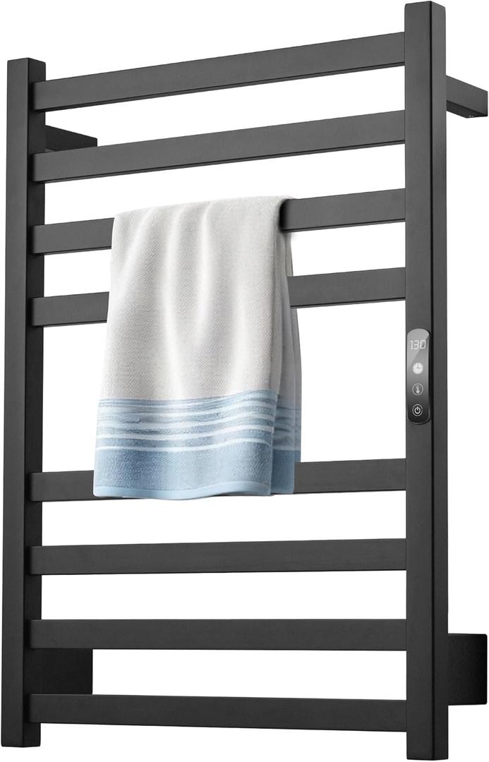 Towel Warmer Matte Black Heated Towel Rack for Bathroom Wall Mounted Electric Towel Dryer Rack with Temperature Control and 24 Timer Plug-in/Hardwired (8 bars plug in and Hardwired)