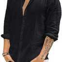 Jekaoyi Men's Summer Casual Cotton Linen Shirts Buttons Down Long Sleeve Solid Plain Beach T Shirts, Black, XS