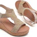 Ruiee Wide Width Wedge Sandals for Women, Comfortable Ankle Strap Open Toe Summer Shoes Platform Wedge Dressy Women Sandals. (Gold) 8 X-Wide, Beige