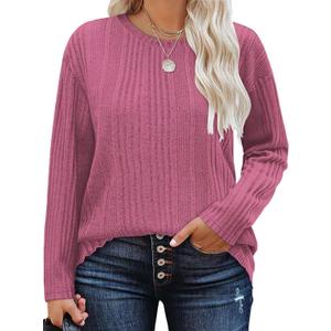 DOLNINE Plus-Size-Tops for Women Casual Crewneck Shirts Comfy Long Sleeve Tees Ribbed Knit Lightweight Sweatshirts 1XL