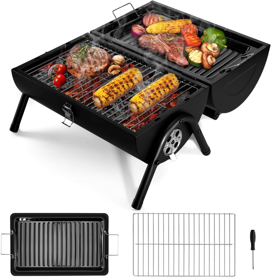 HaSteeL Portable Charcoal Grill, Outdoor Barbecue Folding Mini Smoker, Adjustable Small Tabletop Grill with Roasting Plate & Grill Grate, Two Side Grill for Camping Hiking Beach Garden Backyard Picnic