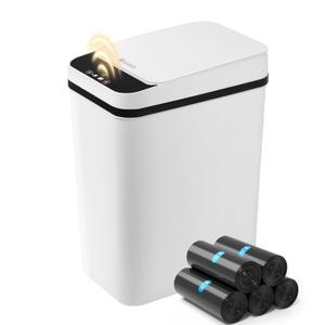 Bathroom Automatic Trash Can, 4 Gallon Touchless Motion Sensor Small Garbage Can with Lid Smart Electric Narrow Waterproof Garbage Bin for Bedroom Office Halloween Decoration, White (B-Basic Battery Supply-White)