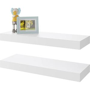BAMEOS Floating Shelves, White Wall Mounted Wooden Shelves with Invisible Brackets Set of 2, Hanging Wall Shelves Decoration for Bedroom, Bathroom, Living Room and Kitchen (16x6)