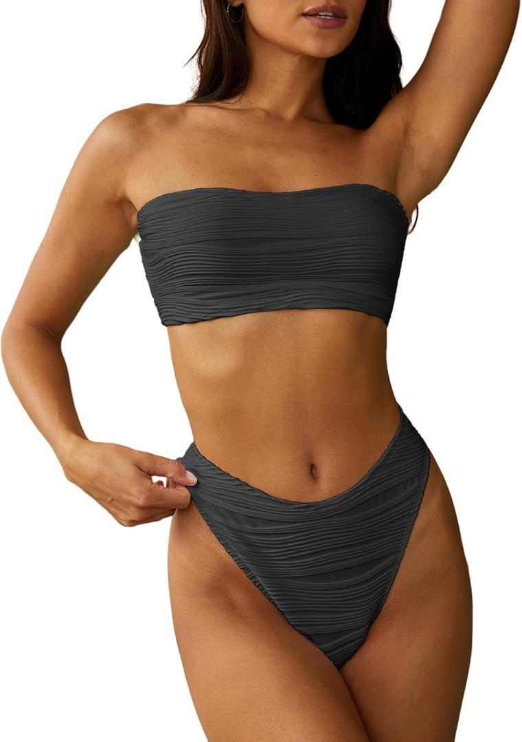 ZAFUL Women Strapless Textured Bandeau Bikini 2 Piece Swimwear Cheeky Solid Lace up Bathing Suits (Large, 1-dark Gray)