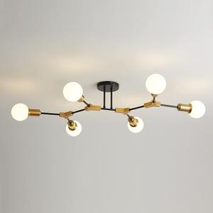 Modern Sputnik Light Fixture 6-Lights Chandelier Black and Gold Chandelier Metal Semi Flush Mount Mid Century Ceiling Light for Bedroom Living Room Kitchen - E26 Socket