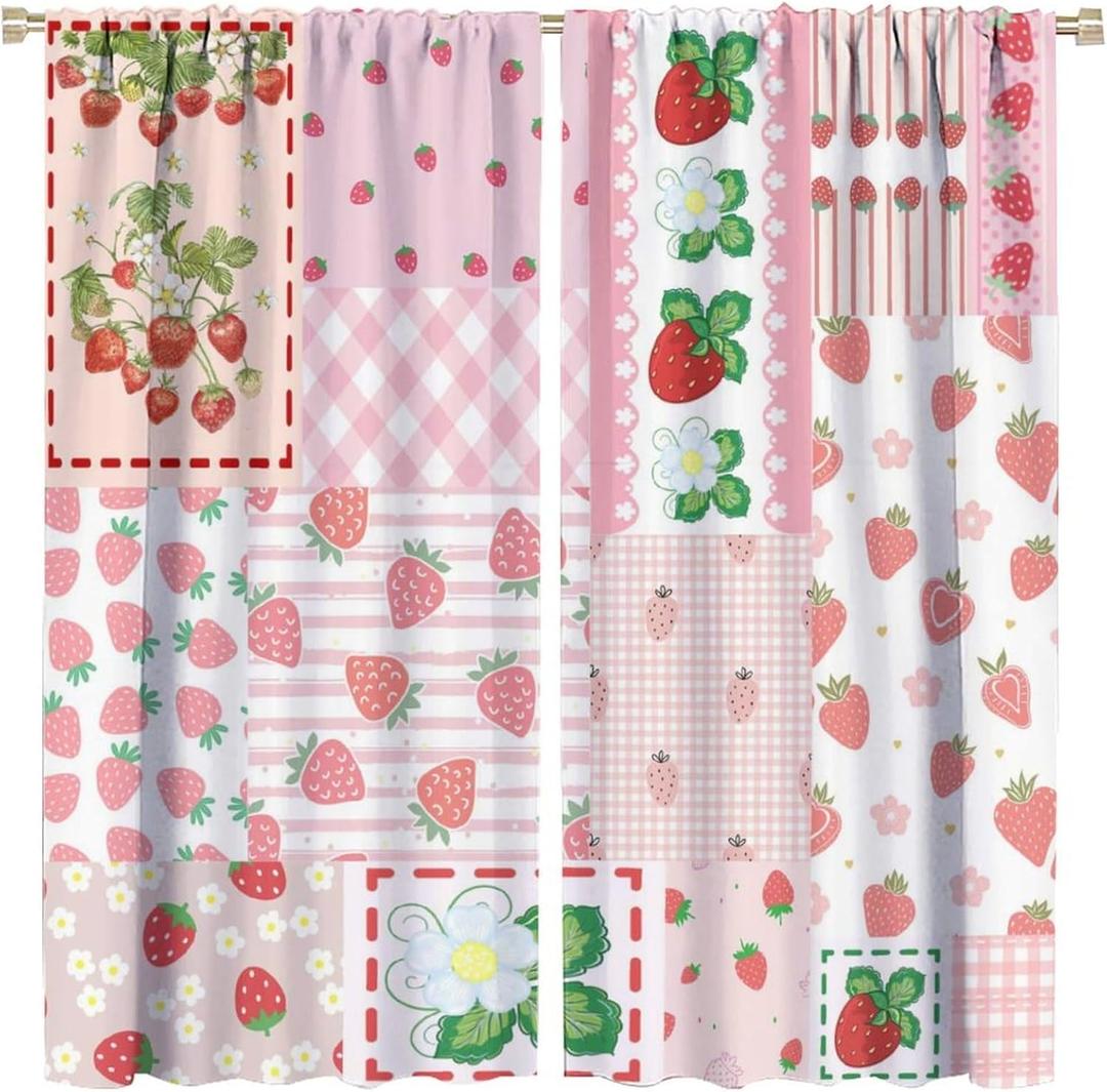 Brebasf Pink Art Modern Strawberry Blackout Curtains for Living Room, Watercolor Spring Garden Florals Tropical Fruit Strawberry Room Darkening Window Curtains with Rod Pocket - 2 Panels 45"L x 21"W