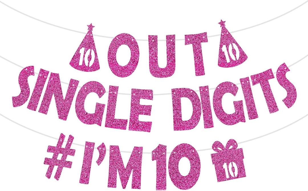 2 x Generic Out Single Digits I'm 10 Banner, Double Digits 10 Banner, Happy 10th Birthday Banner for Girls, Glitter Hot Pink 10th Birthday Party Decoration Supplies