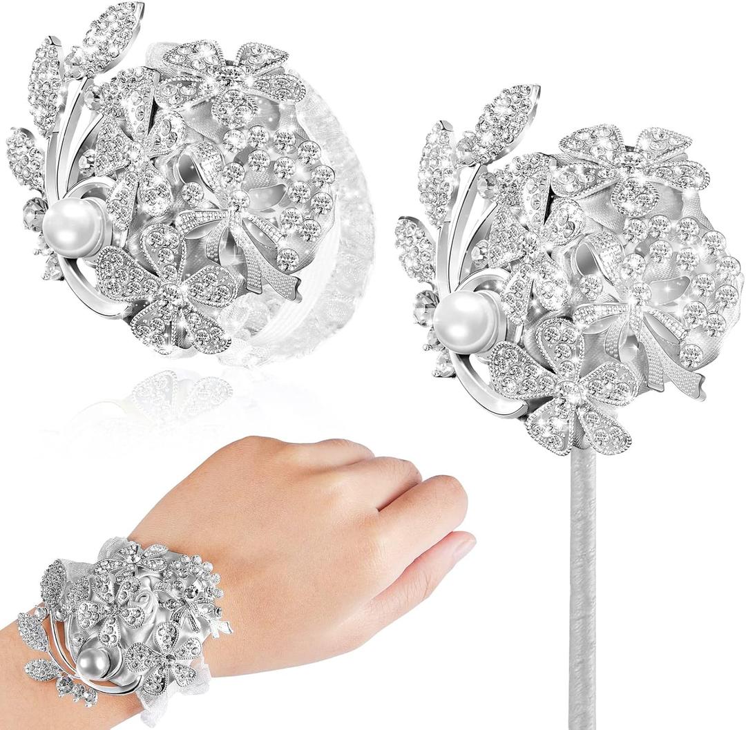 Yunsailing 2 Pcs Artificial Corsages Wrist Flower Rhinestone Wrist Corsage Artificial Silk Corsage Wedding Wrist Corsage for Wedding Boutonniere Wrist Flowers Party Bridal Shower (Silver Gray)