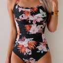 Eomenie Women One Piece Tummy Control Swimsuit Halter Scallop Trim Bathing Suits 1 Piece Vintage Ruched Slimming Swimwear (Black, XXL)