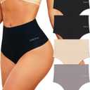 FINETOO Women Underwear High Waisted Thongs Tummy Control Seamless Thongs Shapewear No Show Panties 4 Pack M