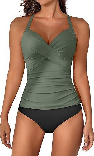 B2prity Women's Ruched Tankini Swimsuits V Neck Wrap Tie Back Two Pieces Bathing Suit Tummy Control Swimwear, M