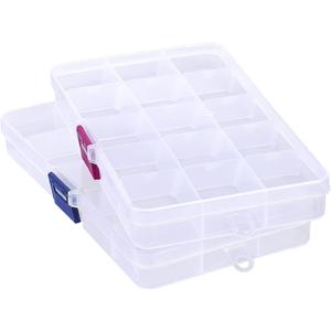 Bead Organizer Box, 2PCS 15 Compartment Craft Storage Container with Removable Divider, Plastic Empty Case for Jewelry Rhinestone Charms Crystal Press On Fake Nail, Hair Stuff Small Accessory