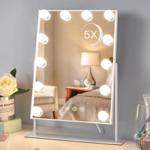 HIEEY Hollywood Vanity Mirror with 12 Dimmable Bulbs Lights, Three Color Lighting Modes, and 5X Magnification, Smart Touch Control, 360Rotation (White, Gift Box)