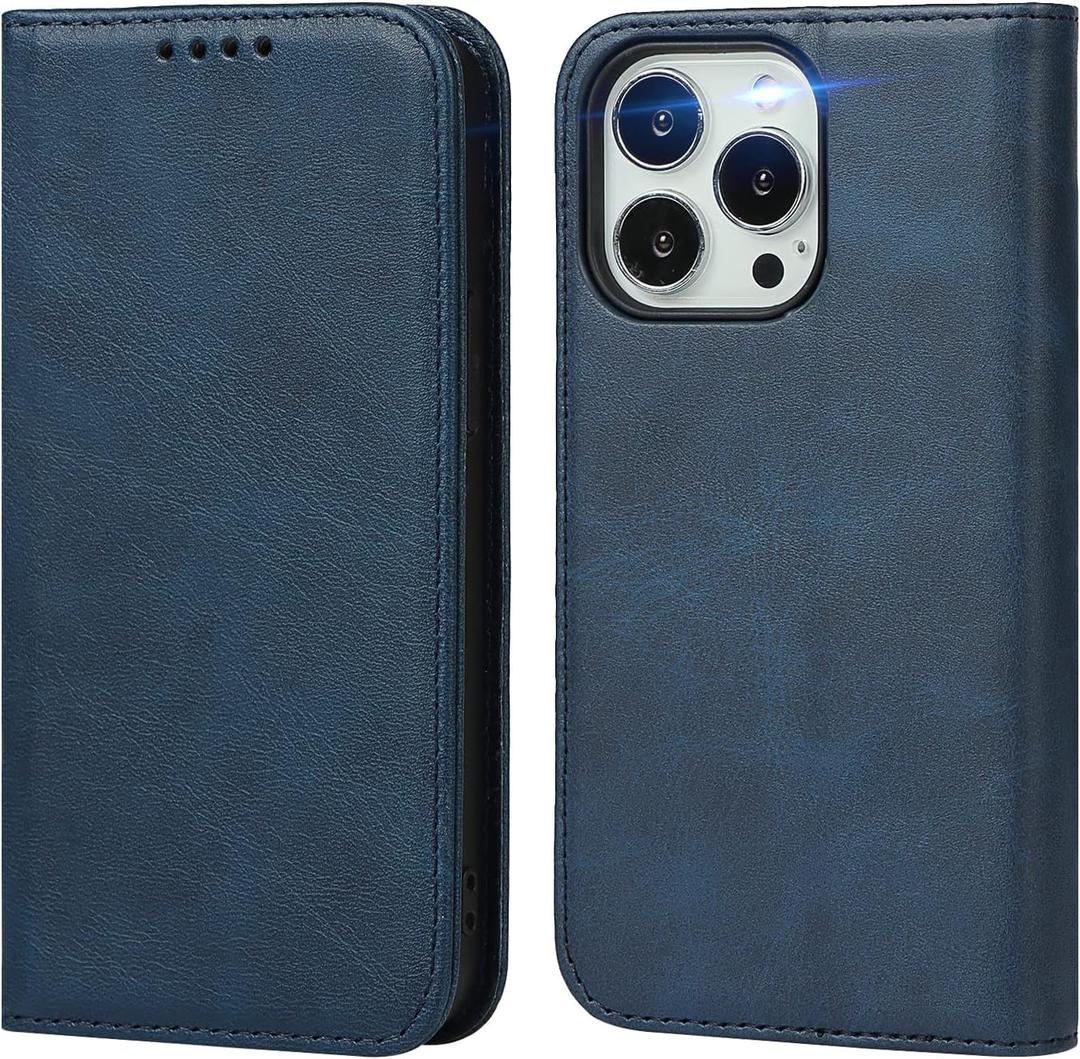 For iPhone 15 Pro Wallet Case with Card Holder for Women Men PU Leather Flip Folio Credit Card Slots Stand Shockproof Phone Cover-Deep Blue