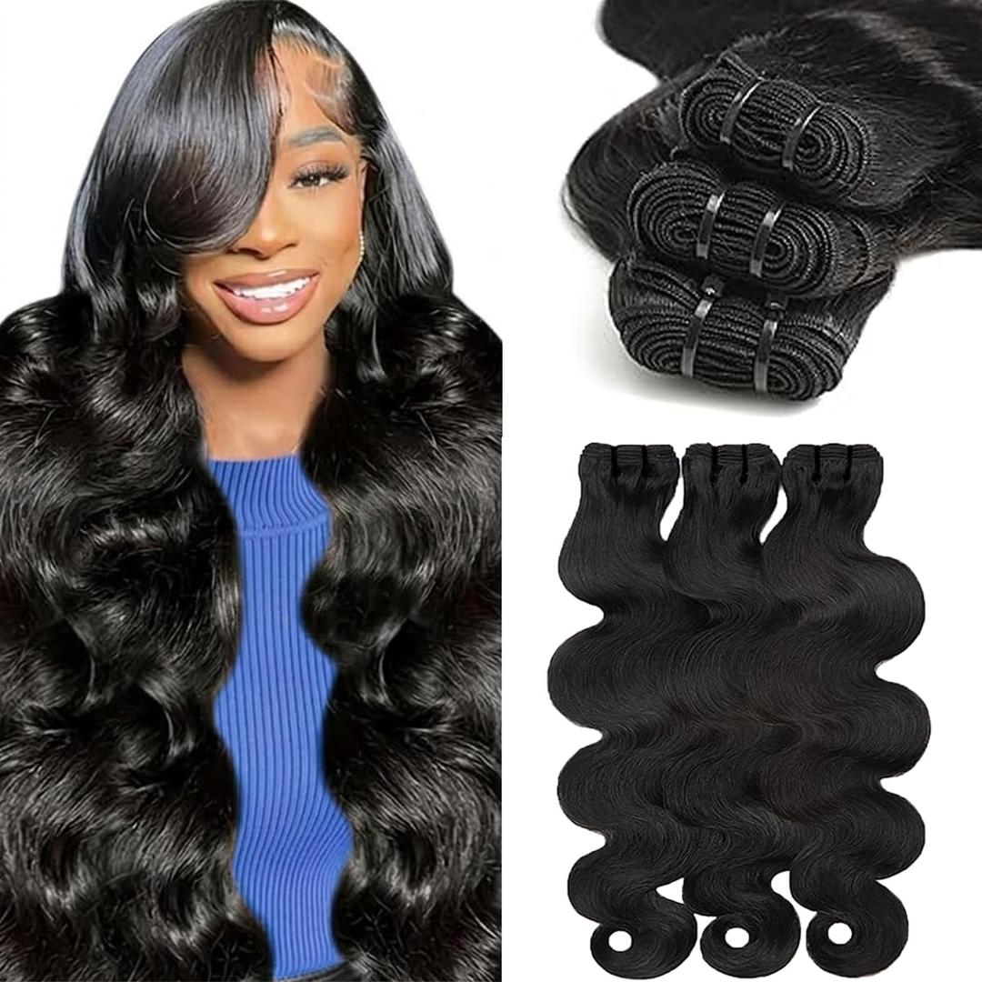 14A Human Hair Bundles 20 22 24 Inch Body Wave 100% Unprocessed Brazilian Virgin Hair 3 Bundles Human Hair Extensions Quick Weave No Tangle Shedding Silky Soft Natural Black