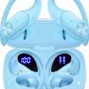 PocBuds Bluetooth Headphones Wireless Earbuds 80hrs Playtime Wireless Charging Case Digital Display Sports Ear Buds with Earhook Deep Bass IPX7 Waterproof Over-Ear Earphones for TV Phone Laptop Blue