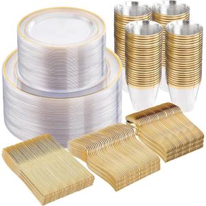 WELLIFE 600pc Gold Trim Plastic Dinnerware Set for Party: 100 Dinner Plates, 100 Dessert Plates, 300 Cutlery, 100 cups