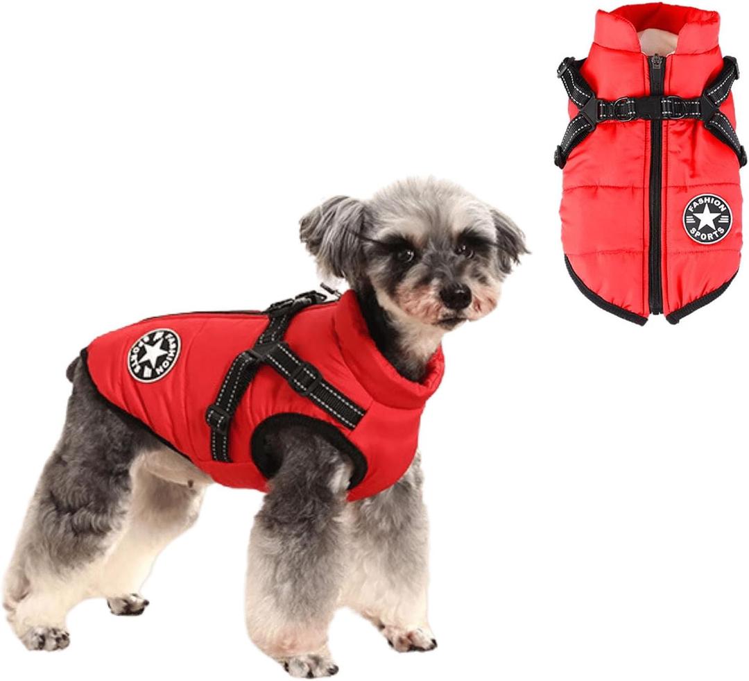 HDKUW Small Dog Jacket, Small Dog Coat Harness Winter Warm Vest Jacket Waterproof Cotton Costume for Puppy Small Dogs (S, Red) (S:Chest Girth 12"-14", Back Length 8.6")