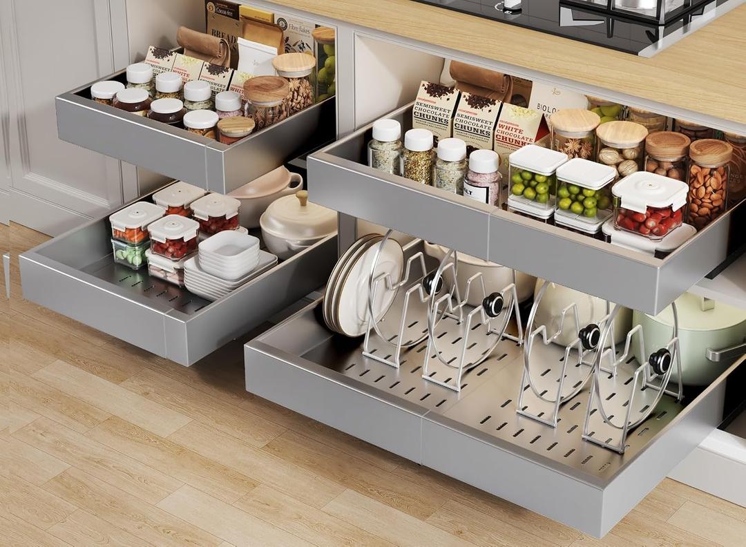Seinloes 4 Pack Pull out Cabinet Organizer 21"Deep With Raising Pad for Framed Cabinets, Expandable Slide out Drawers for Kitchen Cabinets with 4pcs Divider Racks,Roll out Shelves 12.1"-20.4" W Silver
