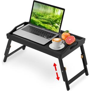 Breakfast Bed Tray for Eating - Height Adjustable Raised Food Table - Bamboo Serving Tray on Lap Sofa - Portable Snack Platter with Folding Legs Ideal for Bedroom, Picnic - Black (Medium)