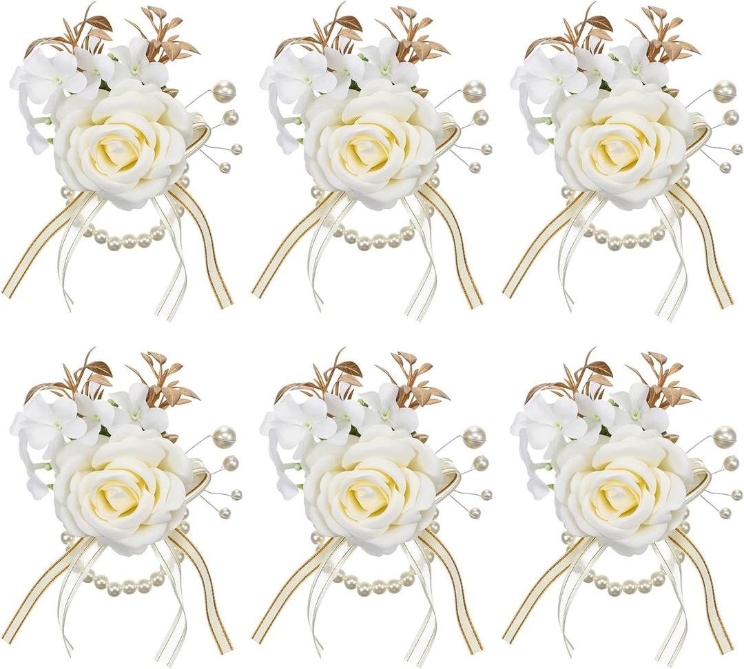 6 Pcs Wrist Corsage for Wedding, Rose Champagne Artificial Flower Wristlet for Bride Exquisite Ceremony Accessories for Party, Wedding, Anniversary