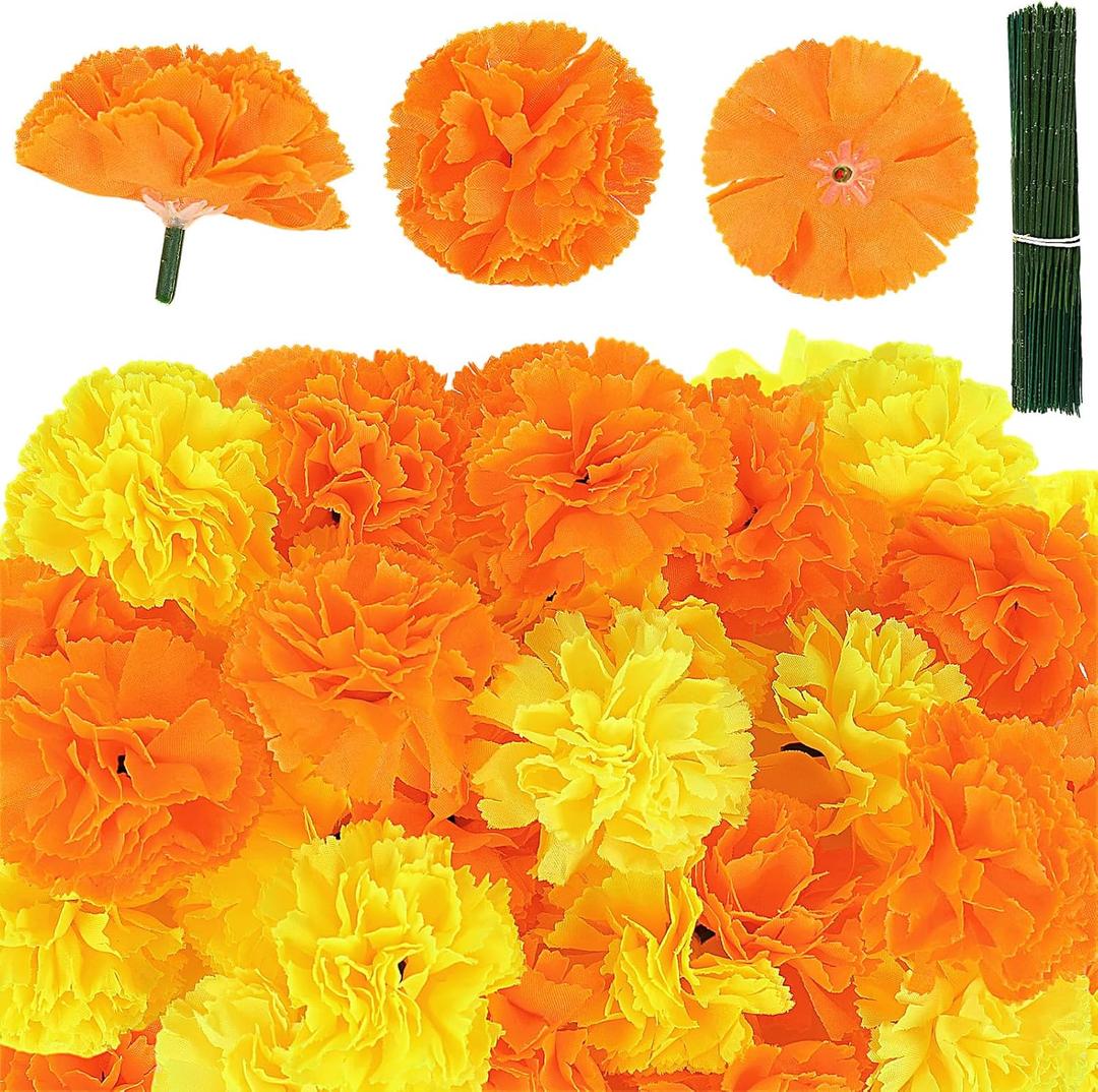 JarThenaAMCS 100Pcs Artificial Marigold Flowers 2 Inch Fake Marigolds with Stems for Indian Dia De Los Muertos Diwali Home Decor Day of The Dead Decorations (Orange and Yellow)