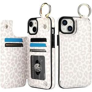 HAOPINSH for iPhone 15 Plus Wallet Case with Card Holder, White Leopard Cheetah Print Back Flip Folio PU Leather Kickstand Card Slots Case, Finger Grip Ring Double Magnetic Clasp Shockproof 6.7"