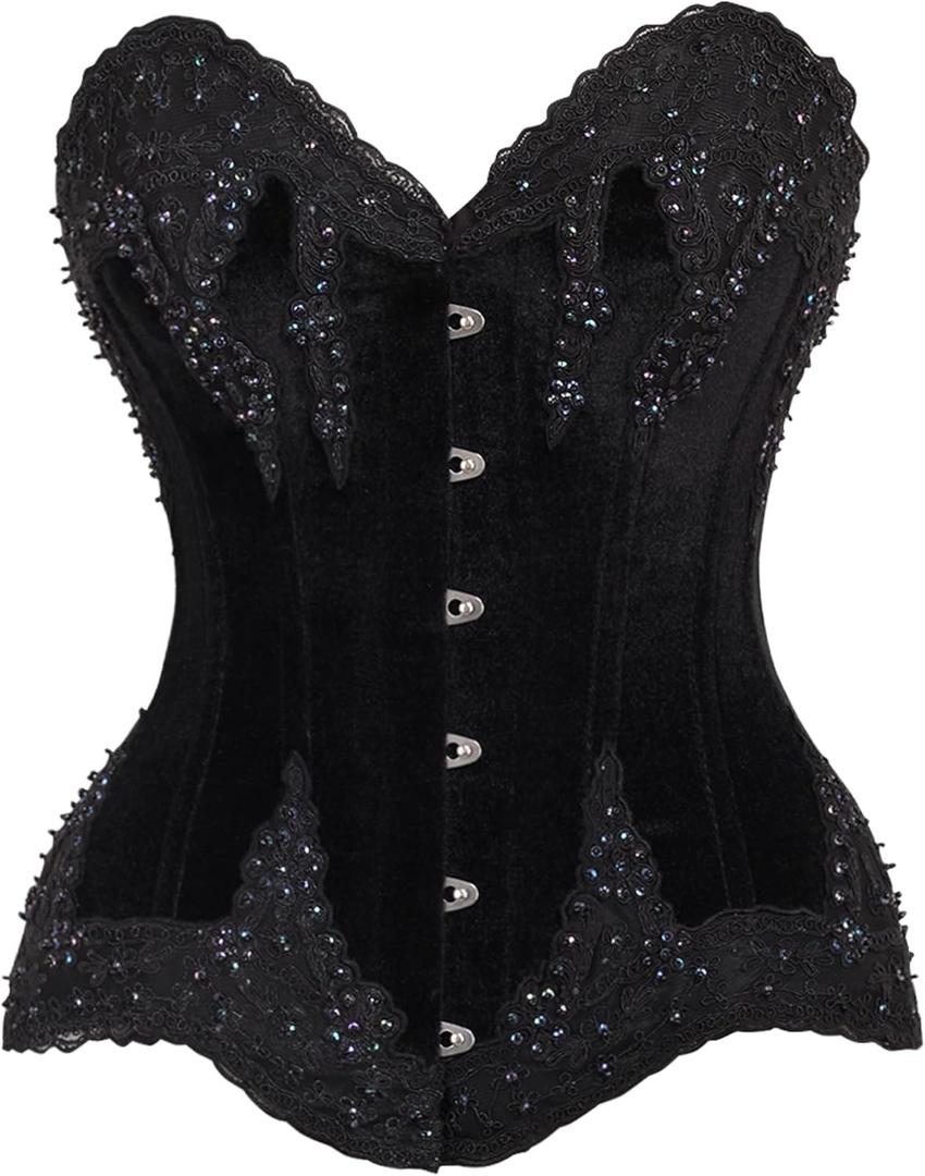 Daisy corsets womens Top Drawer Black Velvet & Beaded Steel Boned Overbust Corset (Small)