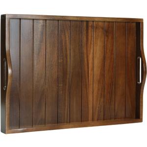 Large Acacia Wooden Serving Tray with Handles 20 x 14 inch Decorative Coffee Table Ottoman Tray for Living Room Extra Large for Kitchen Dinner Food Bar Breakfast in Bed (Color Brown)