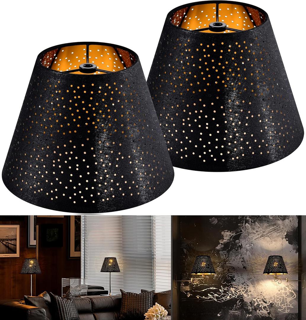 GOSO Set of 2 Small Black Drum Lamp Shades,5" 9" 6.4 Inch (Spider),Laser Drilling Design Lamp Shades for Table Lamps, Wall-Mounted Fixtures, Fabric Replacement Shades, No Assembly Required