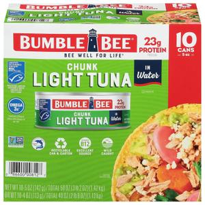 Bumble Bee Chunk Light Tuna In Water, 5 oz Cans (Pack of 10) - Wild Caught Skipjack Tuna - 23g Protein Per Serving - MSC Certified Sustainable Seafood, Non-GMO, Gluten Free, Kosher (BB: March 13, 2027)