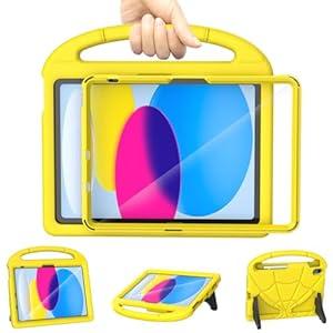 Kids Case for iPad A16 11th Generation 11Inch 2025/ iPad 10th Generation 10.9Inch 2022, Sanyetral Lightweight Shockproof Cover with Screen Protector/ Pencil Holder/ Handle/ Stand for iPad 10th/ 11th -Yellow