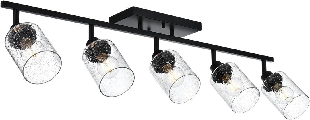 5-Light Black Track Lighting Kit Ceiling Mount Kitchen Track Lighting Fixtures, Bathroom Ceiling Tracking Vanity Light with Bubble Seeded Glass Shade & Rotatable Tracking Heads for Accent Shop