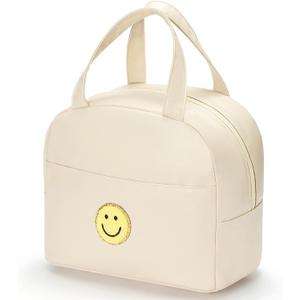 Lunch Bag for Women Large Insulated Box Reusable Tote with Preppy Bag,Soft Leather Lunchbag Work Picnic Travel (White)