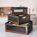 TIMRIS Set of 3 Rustic Wood Nesting Crates, Farmhouse Distressed Wooden Storage Boxes, Decorative Reclaimed Wood Organizer Baskets with Wire Mesh (Random)