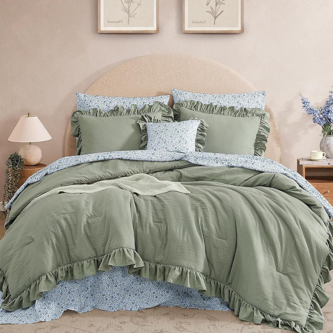 BLOOMHAVEN Queen Comforter Set - 7 Pieces Ruffle Sage Green Bedding Sets, Shabby Chic Farmhouse Bed in a Bag Queen with Ruffle Comforter, Floral Sheets, Pillowcases & Shams