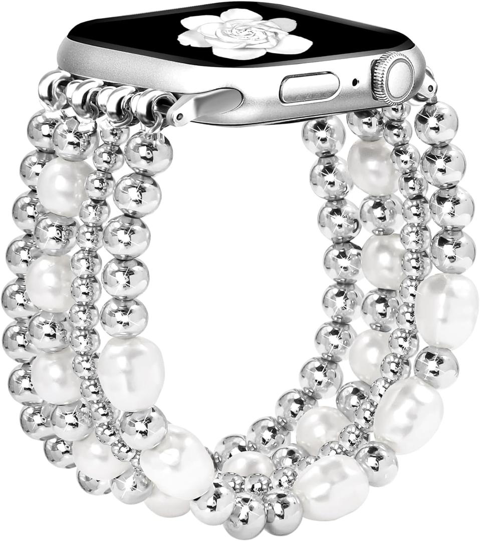 JR.DM Beaded Bracelet Bands Women Compatible with Apple Watch 40mm 42mm(S10/11) 41mm 38mm Dressy Fancy Stretchy Elastic Jewelry Strap Replacement for iWatch Series 11/10/9/8/7/6/5/4/3/2/1/SE