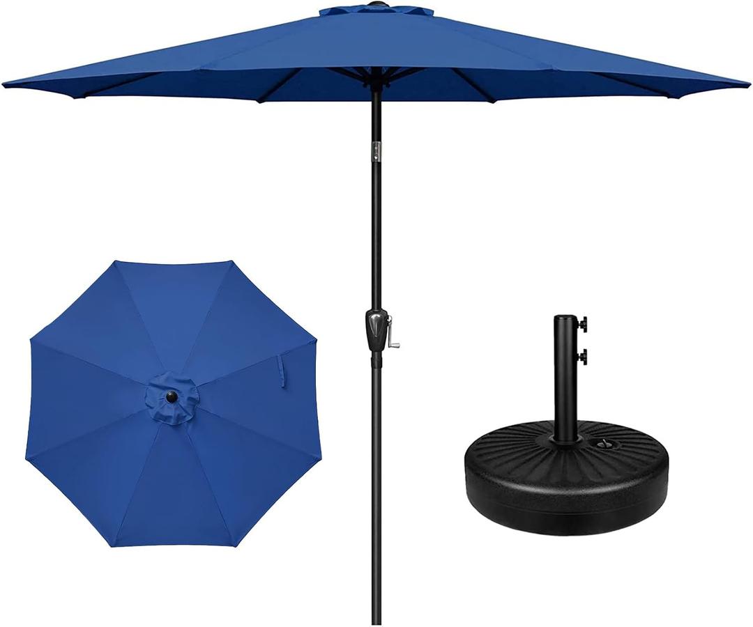 YSSOA 9' Patio Umbrella with 50lbs 20" Capacity Fillable Heavy Duty Round Base, 8 Sturdy Ribs, for Outdoor Lawn, Deck, Poolside, Blue and Black, 9ft-Standard-with Base