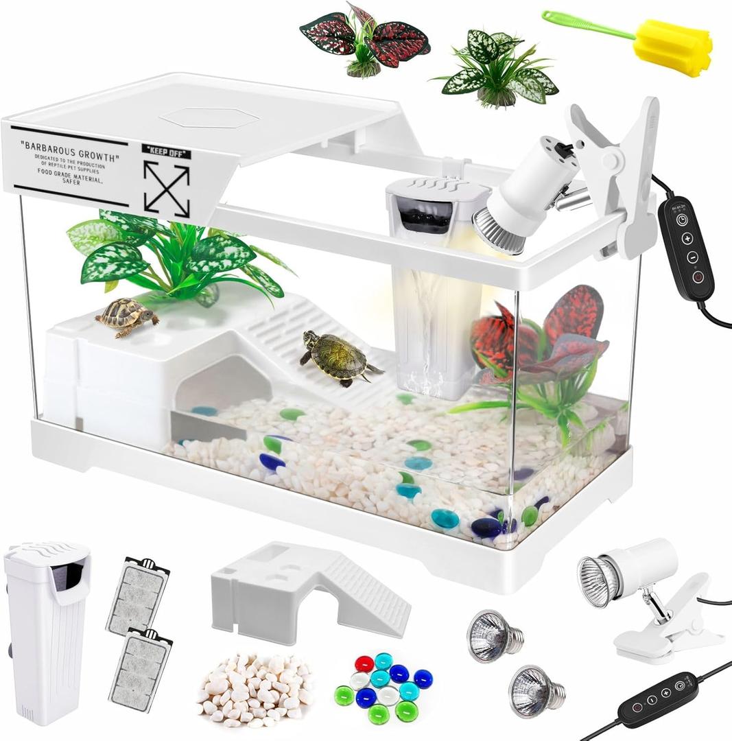 GOZILLA Turtle Tank Kit(Tank+Lamp+Filter), Upgrade PC Turtle Tank Starter Kit with Adjustable Lamp & Filter, Reptile Habitat with Lid, Basking Platform for Small Reptiles.(15.75  7.9  9''/White Kit)