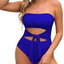 Pink Queen Women Bandeau One Piece Swimsuit Removable Strap Cutout Tie High Waist Bathing Suit Monokini (M, Blue)
