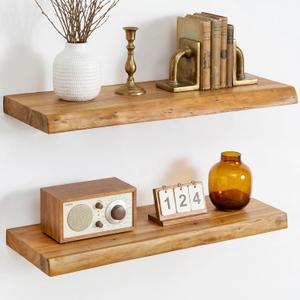 Dreamland 18 Inch Long Floating Shelves Set of 2, Rustic Solid Elm Wood Live Edge Floating Shelf Wall Mounted, 8 Inch Deep Wall Shelves with Invisible Bracket for Living Room Bathroom Kitchen, Natural