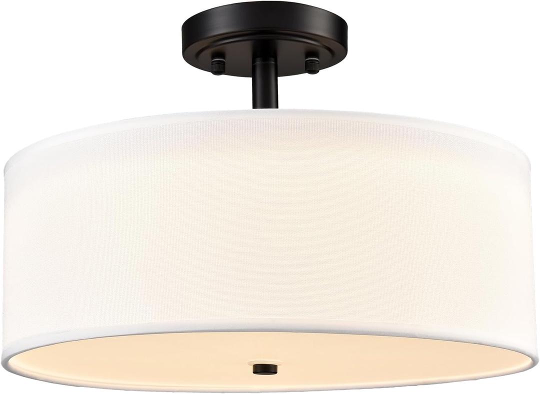 Dimmable Black Semi Flush Mount Ceiling Light 30W 3000K/4500K/5500K Drum Shade Ceiling Light Fixtures 15-Inch Black LED Flush Mount Ceiling Light for Bedroom Hallway Living Room