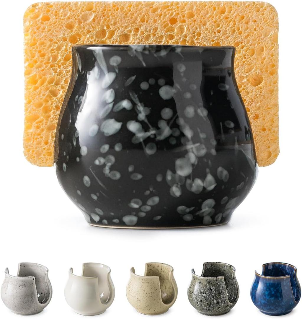 Kitchen Sponge Holder, Ceramic Dish Sponge Holder Kithen Sink Organizer Farmhouse Brush Holder Dish Rack for Bathroom, Kitchen, Sink, Black (Barrel-type)