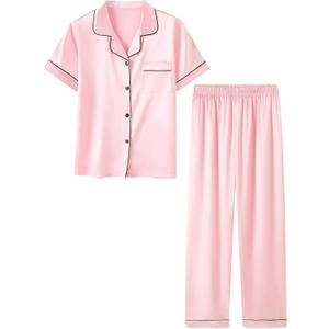 Umeyda Girls Womens Pajamas Set, Satin Silky Button Down Loungewear 2 Piece Short Sleeve Pants PJS Sets for Mommy Kids (Medium, Baby Pink)