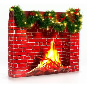 24.4 x 19.7 Inch Christmas Fireplace Decoration Set Included 3D Red Brick Stand-Up- Fake Cardboard Fireplace, 9.8ft Green Garland, LED String Light, Red Bows for Christmas Decor